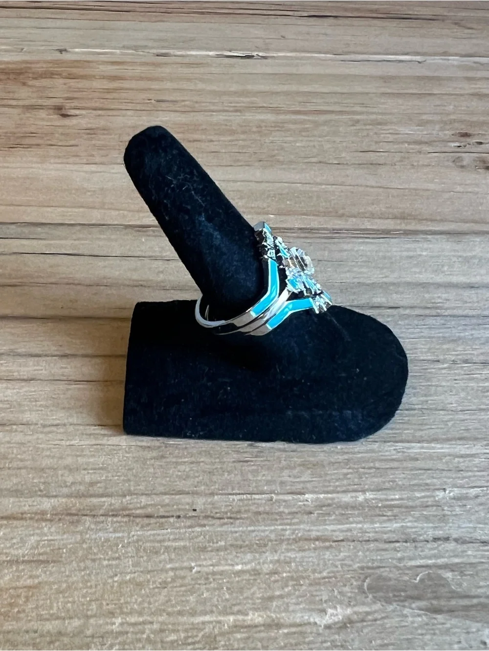 Turquoise Silver Tone Triple Band  Art Deco Fashion Ring-Size 6.5
